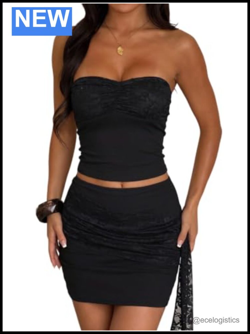 2 Piece Skirt Set Strapless Tube Top Mesh Ruched Bodycon Mini Skirt Y2K Going